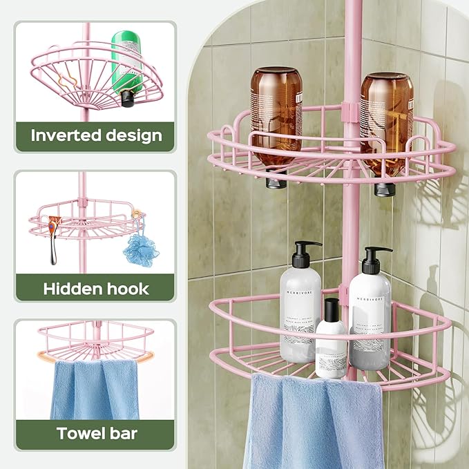 HAMITOR Corner Shower Caddy Tension Pole: 4-Tier Rust-Resistant Adjustable Bathroom Organizer Shelves - 47.72-123.6 Inch No-Drill Quick Installation - Space-Saving Storage for Renters Family - Pink