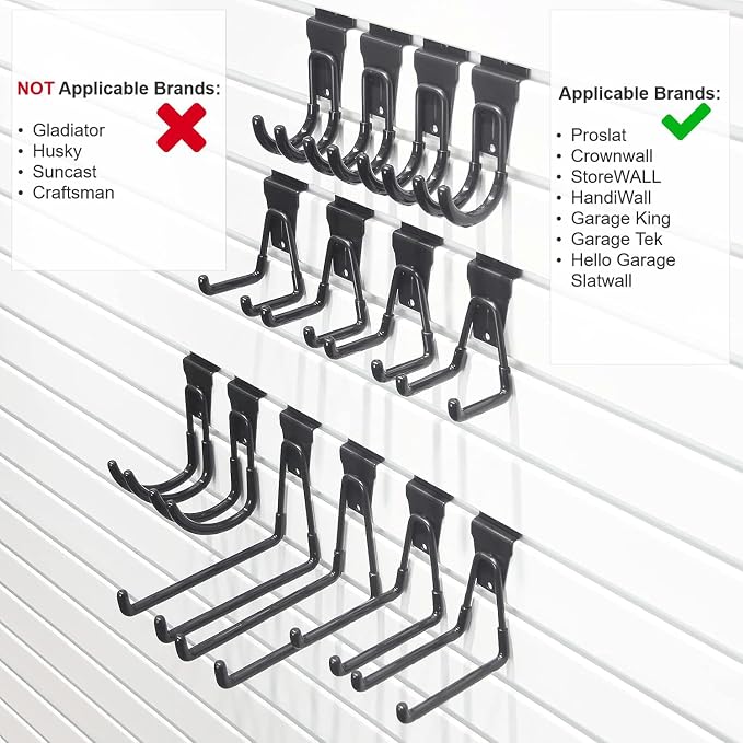 Slatwall Hooks 14 Pack, Heavy Duty Garage Wall Organizer, Multi-Size Hanging Hooks Compatible with Proslat, StoreWALL and HandiWall