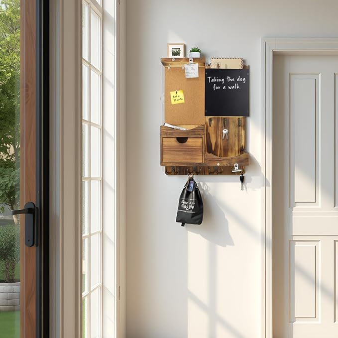 Key Holder Wall Mount， Mail Organizer Key Holder for Wall with Shelf, Drawer, Chalkboard, Corkboard, Home Decor Wall Mounted for Room Entryway(Natural Wood)