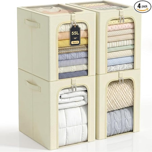 GoMaihe Blanket Storage Bins with Metal Frame for Closet, 55L 4-Pack Beige | Clothing Comforters Bedding Winter Coat, Closet Top Shelf, Collapse-Proof Stackable, Clear Window, Dual Access Space Saving