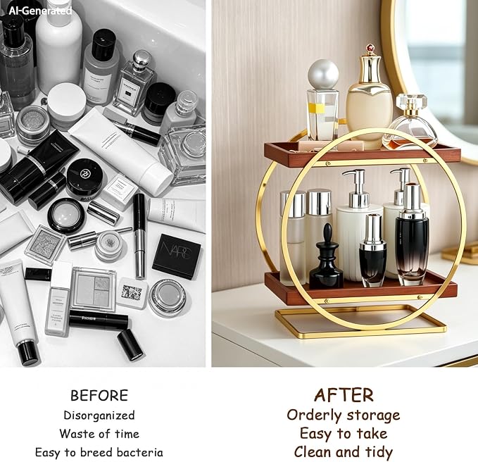 Bathroom Counter Organizer, Wooden Bathroom Organizers and Storage | 2-Tier Vanity Makeup Skincare Cologne Organizer, Bamboo Perfume Organizer for Dresser, Countertop Shelf Kitchen, Gold & Brown