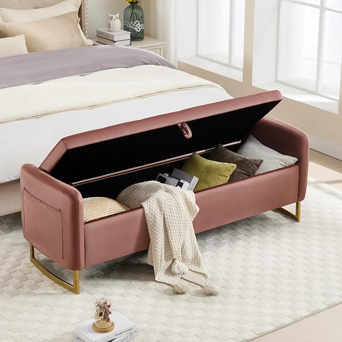 65" End of Bed Storage Bench, Modern Storage Benches for Foot with Tufted Button and Gold Legs, Upholstered Window Ottoman Benches with Armrests, Rose Gold