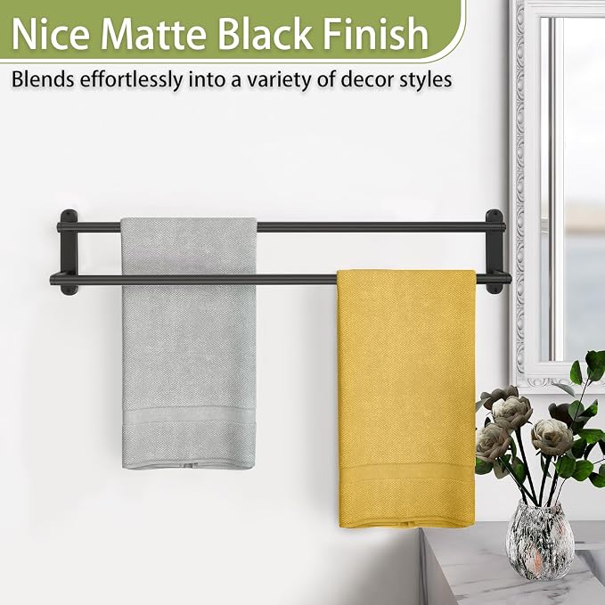 Double Towel Bar 32 Inch, Towel Racks for Bathroom, Wall Mount Bathroom Towel Holder, Stainless Steel Bathroom Towel Rack, Towel Rod Double Towel Hanger(Matte Black)