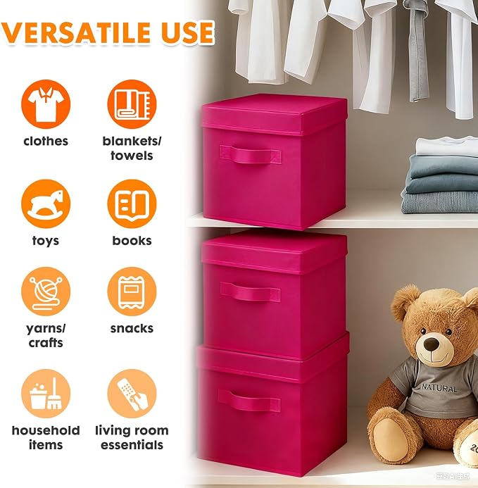 ShellKingdom Storage Bins, Foldable Fabric Storage Cube with Lid for Closet | Clothes Storage Organizer Drawer For Closet Toys Storage, 13 X 13 X 13 INCH, 2 Pack (Fuchsia)