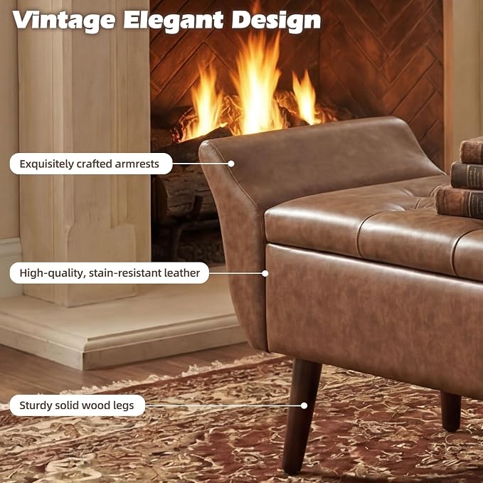 Storage Ottoman Bench 64’’ Leather End of Bed Bench Easy-to-Assemble