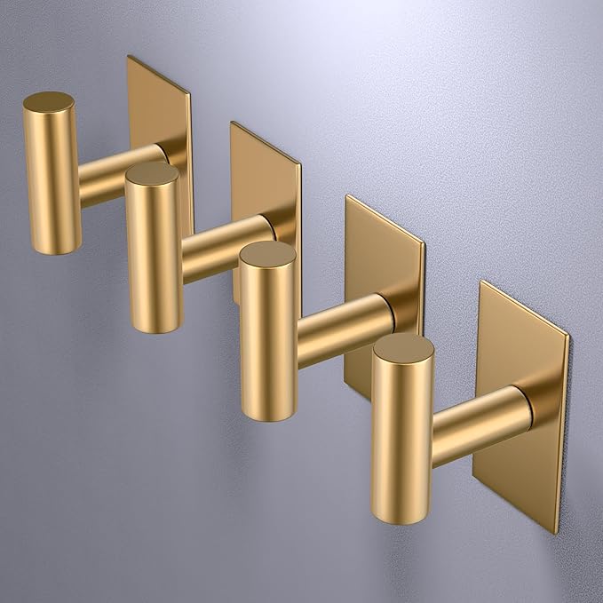 VAEHOLD Wall Towel Hooks, Heavy Duty Sticky Holder Waterproof Towel Hooks for Hanging Coat, Clothes, Closet Hook Wall Mount for Kitchen (Gold, 4 Pack)