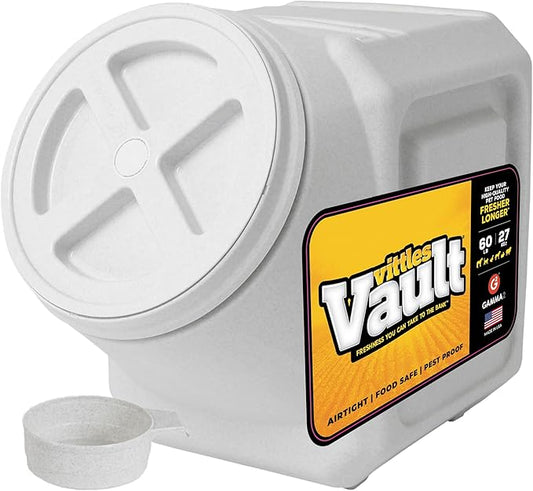 Vittles Vault Traditional Pet Food Storage Container For Dog Kibbles/Bird Seed/Oatmeal/Rice/Flour/Cereal, BPA Free Plastic, Sealed Airtight For Cat Food, Up To 60 lb, Made in USA, With Scoop, Gray