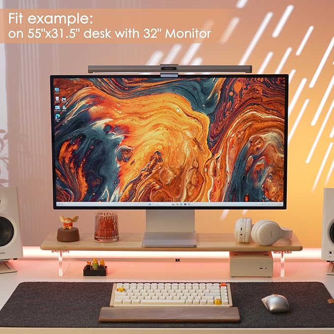 Bamboo Monitor Stand, Desk Shelf with Acrylic Legs and RGB Lights | 31.5-Inch Wide, 3.3-Inch Clearance, Fits Monitor, Laptop, Printer and Speakers for Small Desks