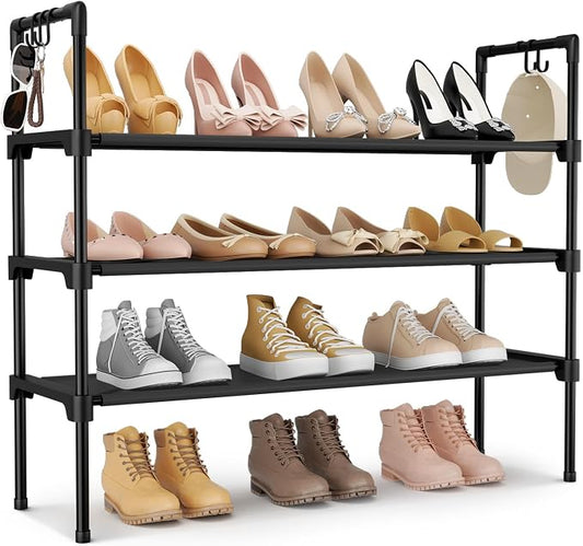 LANTEFUL 3 Tier Shoe Rack for Closet, Shoe Organizer with 5 Hooks, Long Shoe Shelf Storage for Sneaker and Boot Stackable Free Standing Shoe Rack for Entryway, Garage, Small Spaces, Dorm