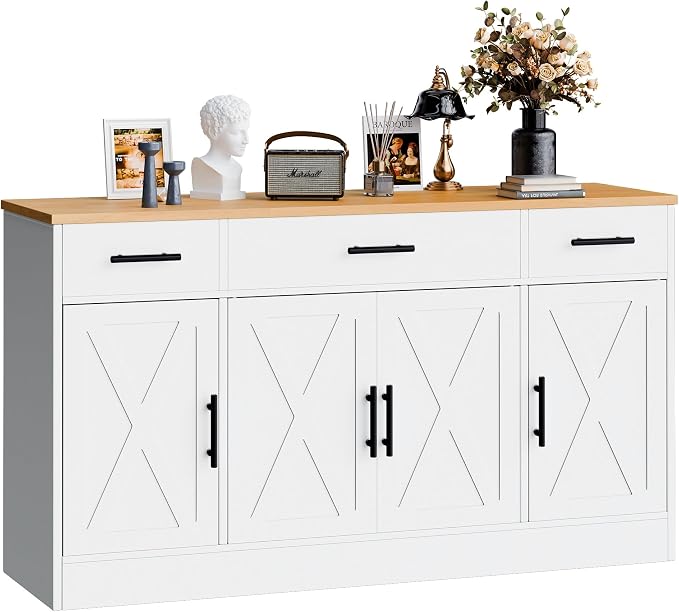Buffet Cabinet with Storage, 53" Farmhouse Buffet Cabinet with 4 Doors and 3 Drawers, Sideboard Small Storage Cabinet with Adjustable Shelf, for Kitchen, Dining Room & Living Room, White&Yellow