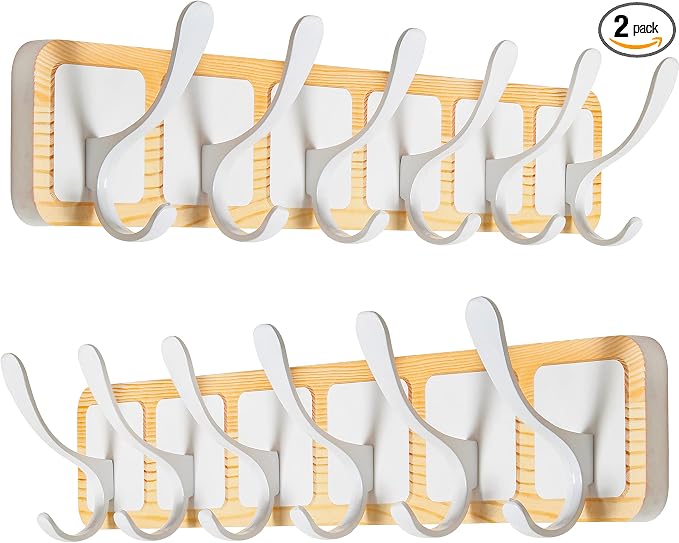 SKOLOO Coat Rack Wall Mount - Scandi-Style Wooden Carved-Block Coat Hook,Pack of 2, Wall Coat Hanger with 6 Hooks for Hanging Coats, Hats, Clothing, Scarfs, Natural & White