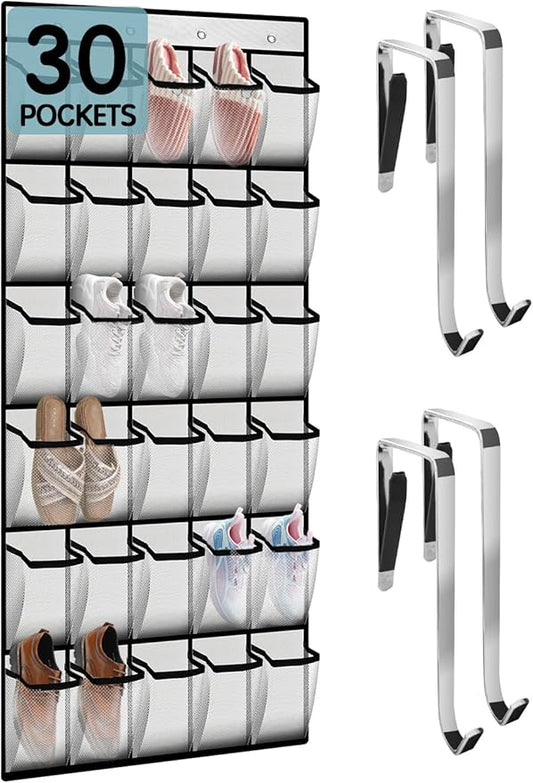 Kotkn 30 Compartment Breathable Mesh Pocket Over the Door Hanging Over the door shoe organizer Shoe rack Over door shoe organizer Hanging shoe organizer (White, 30)