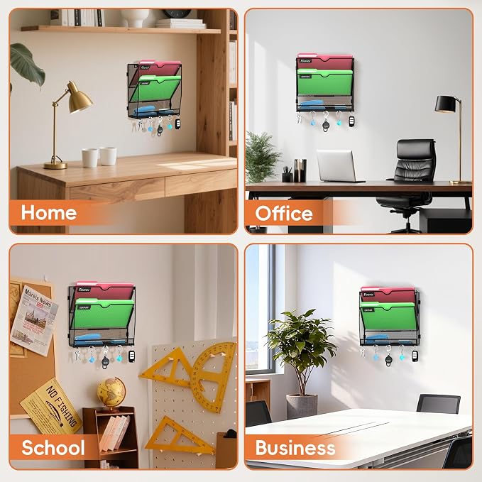 3-Tier Wall File Organizer with Hook, Hanging File Organizer Black | Wall-mounted mail storage holds papers, folders, files, clipboards and magazines, assembly required for office or home use.