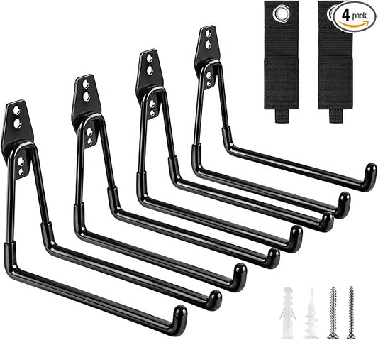 Garage Hooks Heavy Duty, 4 Pack Large 7.5 Inch Ladder Hooks Black | Steel Garage Storage Hooks, For Hanging Bikes, Tools, Chairs, Hoses, Ropes and Other Bulk Items, With Anti-Slip Coating