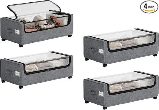 Under Bed Storage, 4-Packs Under Bed Storage With Wheels, Under bed Shoe Storage, Metal Frame, 90L Capacity, Storage Drawers for Bedroom