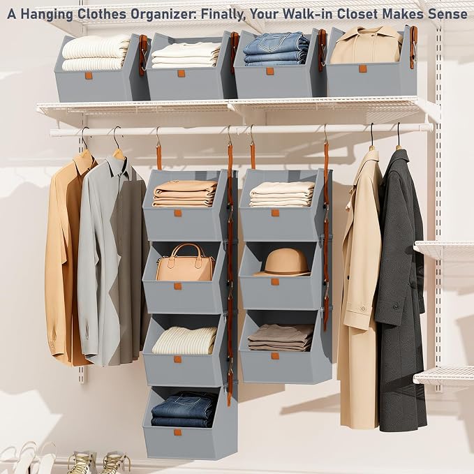 DIMJ Hanging Closet Organizer - 4 Tier Collapsible Hanging Shelves with Hooks Zipper, Fabric Clothes Organizer, Space-Saving Storage Bin Basket for RV, Bedroom, Laundry Organization