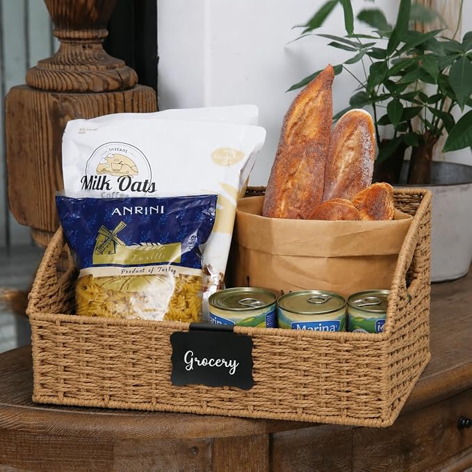 Pantry Organizers, Handwoven Large Wicker Baskets for Shelves & Kitchen, Labeled Storage Baskets for Organizing with Handles - Paper Storage Bins for Shelves, 3 Pack, Natural