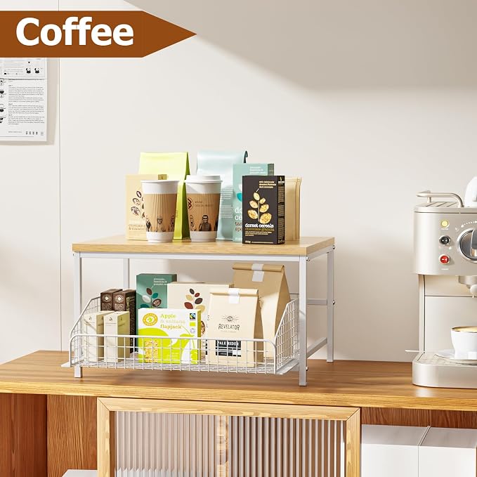 KLM Pull Out Spice Rack Organizer for Cabinet,Rustic Wood Top with Wire Basket Storage,Kitchen Countertop Organizer and Storage for Pantry, Counter top,Coffee Station Wood. (Natural)