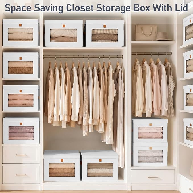 DIMJ Storage Bins with Lids - 6 Pack Front Opening Stackable Fabric Storage Boxes with Clear Window & Handles, Collapsible Closet Organizers for Clothes, Sweaters, Shelf Storage, Bedroom, White