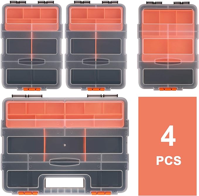 CASOMAN Hardware & Parts Organizers, 4 Piece Set Toolbox, Compartment Small Parts Organizer, Versatile and Durable Storage Tool Box
