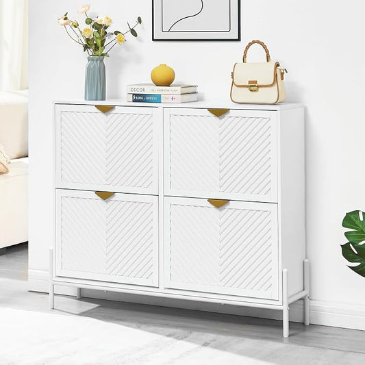 Shoe Cabinet with 4 Flip Drawers, Narrow Entryway Rack, White | Slanted Wood Grain, Freestanding, Adjustable Compartments, Removable Middle Shelf, Metal Handles, for Hallway Foyer Entrance
