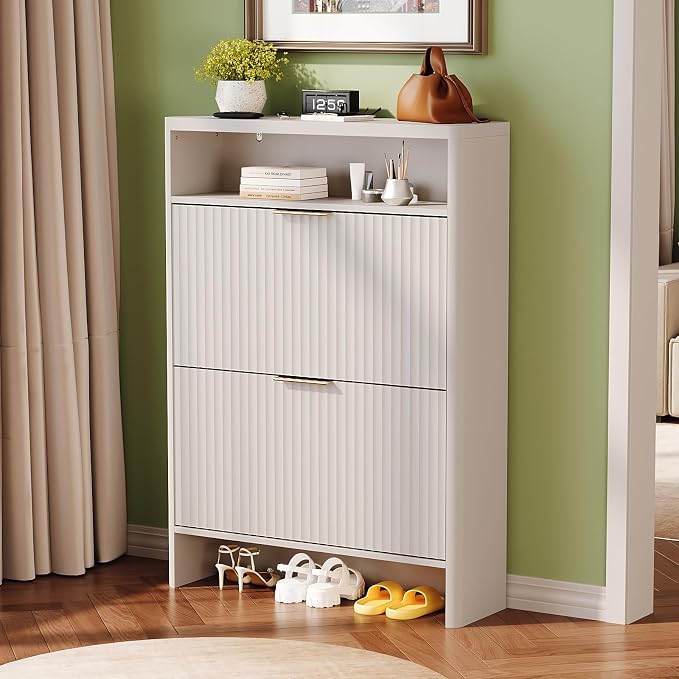 VINGLI White Slim Shoe Cabinet with Curved Edges, Modern Hidden Shoe Storage Organizer with 2 Flip Drawers & Open Shelf, Narrow White Shoe Cupboard with Fluted Panel & Anti-Tip Kit, 32.7" W