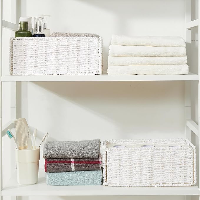 Vagusicc Wicker Storage Basket, Set of 2 Hand-Woven Paper Rope Wicker Basket, Small Storage Baskets for Organizing Toilet Paper Basket, Foldable Large Cube Storage Organizer Bins for Shelves (White)