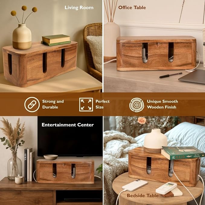 Acacia Cable Management Box - Rustic Design (Front Slots, Large) | Acacia Wood, Cable Organizer, Rustic Style, Modern Design, Desktop Storage