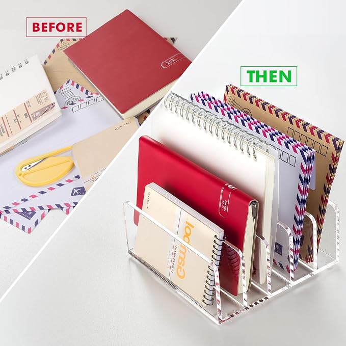 BEYGORM Acrylic Mail Holder, 5 Compartments Multifunction Desk Organizer | Clear Vertical Letter Sorter with Dividers, Modern Office & Home Storage for Bills, Documents & Folders(2 Pack)