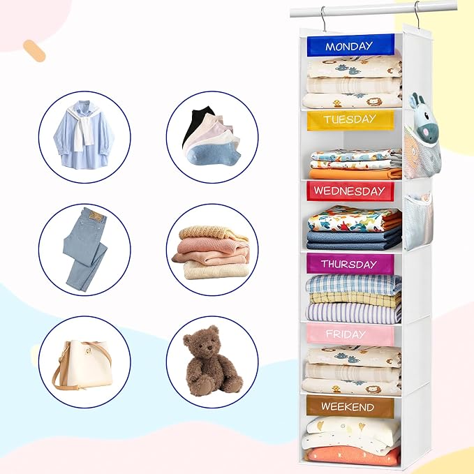 Weekly Clothes Organizer for Kids, 6-Shelf Hanging Closet Organizer with Colorful Labels, Space Saving Design with 2 Pockets, Daily Hanging Closet Shelves for Kids Room Storage, White
