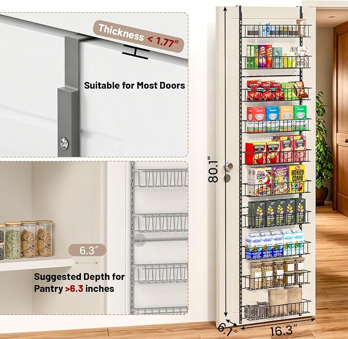 ElegantArray 10-Tier Pantry Door Organizer, Light Gray | Over The Door Pantry Organizer Rack and Storage, Hanging Spice Rack Shelves Door, Home Office Laundry Room Bathroom & Kitchen