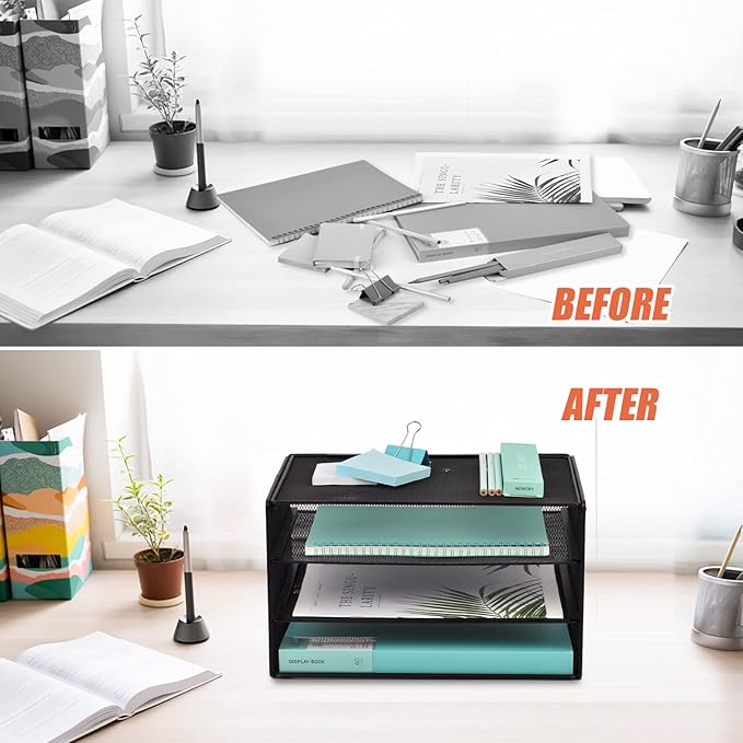3 Tier Mesh Desk Organizer Tray, File Paper Letter Folder Holder Desktop Paper Sorter Mail Organization Rack Storage Accessories, for Office Home School Classroom, Black