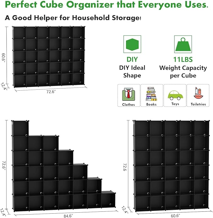 C&AHOME 30-Cube Shelf, Plastic Cube Storage Organizer, DIY Bookshelf Black | Stackable Modular Closet Cabinet Ideal for Bedroom, Living Room, Office, 60.6" L x 12.4" W x 72.6" H