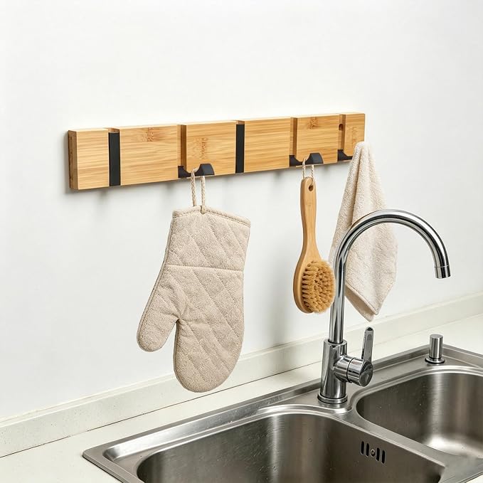 Wall Mounted Coat Rack, Heavy Duty Folding Coat Hooks Wood Retractable Wall Hooks for Hanging Purse Clothes Keys, Towel Hooks Rack for Bathroom Wall Coat Hanger for Entryway (5 Hooks,Nature)