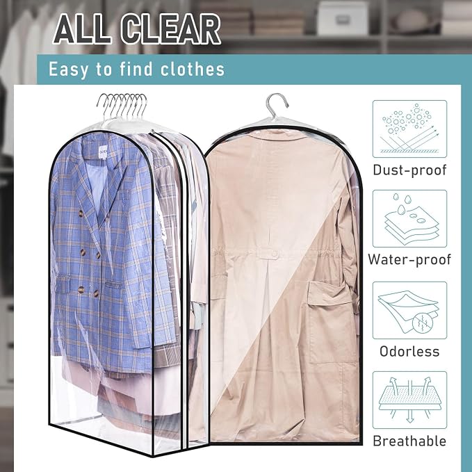 MISSLO 10" Gusseted All Clear Garment Bags for Hanging Clothes 40"+50" Suit Bags for Closet Storage Dresses Protectors for Shirts, Coats, Gowns, 3 Packs