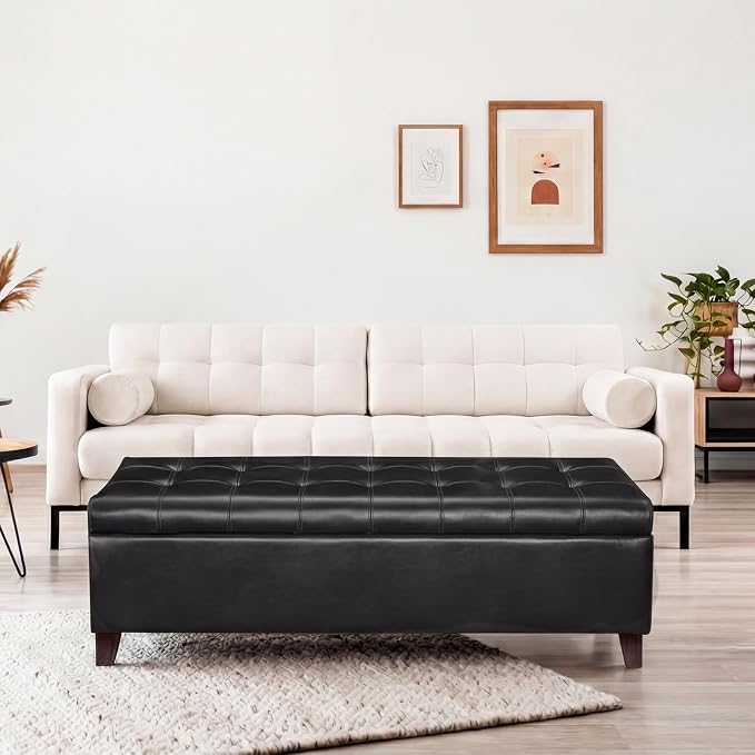 Joveco 51 Inch Storage Bench,Leather Tufted Storage Ottoman with Legs | Safety Hinges,Wooden Legs,Upholstered,End of Bed,Bedroom,Living Room,Entryway,330LBS,Black