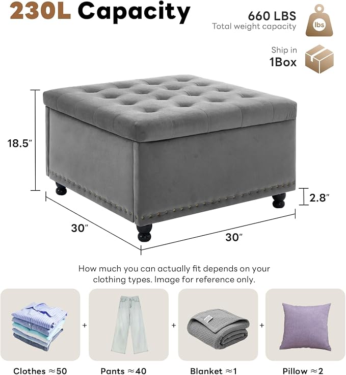 Tbfit Large Square Storage Ottoman Bench, Button Tufted Upholstered Coffee Table Ottoman with Wooden Legs, Oversized Storage Ottomans Toy Box Footrest for Living Room, Gray-Velvet
