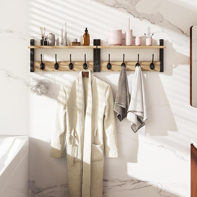 YMYNY Coat Rack Wall Mount with Shelf and Hooks, Light Natural HWS001R-2 | 2 Pack Wooden Wall Mounted Coat Hanger with Shelf and 8 Double Hooks, Wall Coat Rack for Entryway Hallway Bedroom Bathroom
