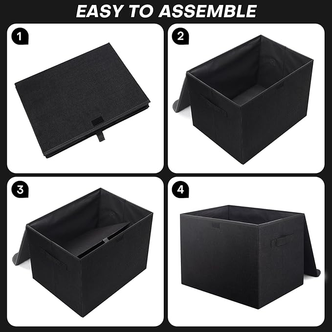 Bagnizer Large 42 Quarts Fabric Storage Bins with Lids [2-Pack] Linen Collapsible Foldable Storage Cubes, Closet Organizer Containers boxes with Handles for Home Office (16.7 x 12 x 12, Black)