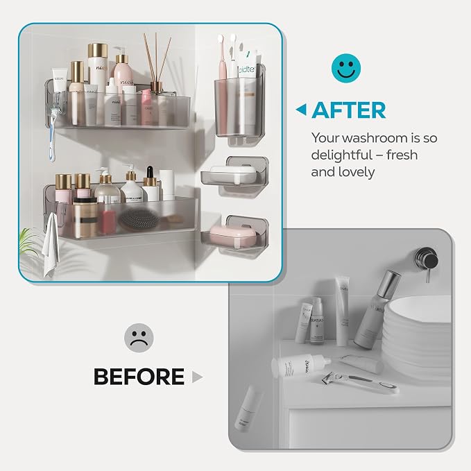 Nieifi Adhesive Shower Shelves, Gray, 5 Pieces | Rustproof ABS, Large Capacity, Removable Design, Easy-Clean, No Drilling Shower Organizer for Bathroom Storage & Home Decor