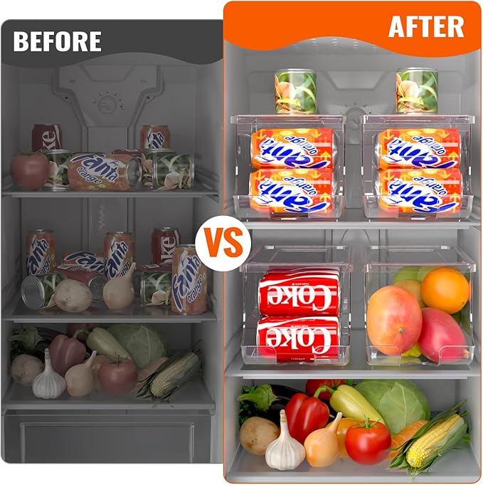 SCAVATA Soda Can Organizer for Refrigerator, Stackable Canned Food Pop Cans Container Can Holder Dispenser with Lid for Fridge Rack Freezer, Clear Storage Bins-Holds 12 Cans Each (One)