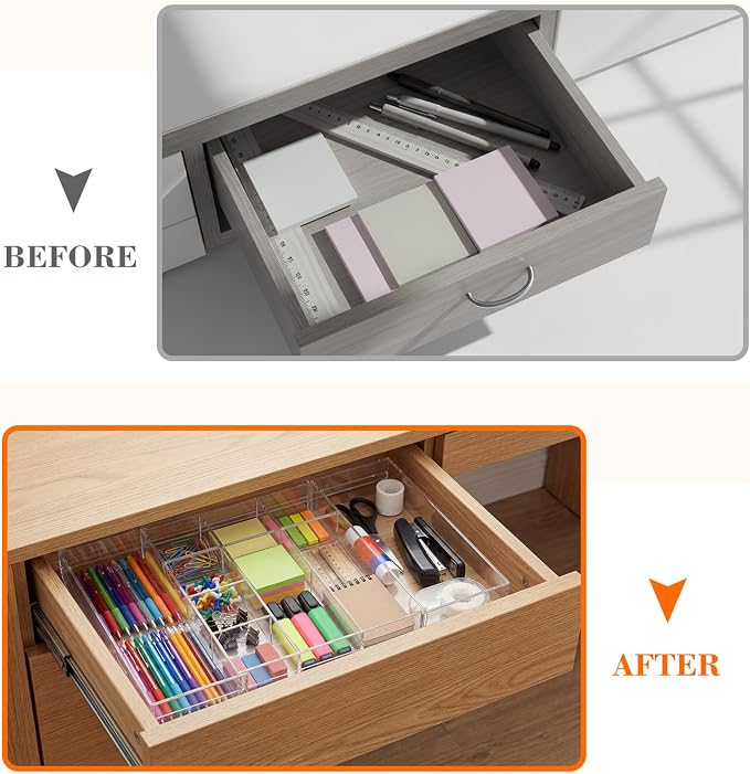 Briwooody Clear Acrylic Drawer Organizer Expandable,10 Compartments,Medium | 9'' up to 18'' x 12'' x 2.1'' Desk Drawer Organizer Trays Adjustable with Desk Accessories for Makeup Office Bathroom