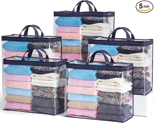 5 Pack Clear Storage Bags for Clothes, 22L Blanket Storage Bags, Under Bed Storage, Closet Organizers Bag, Upgraded Version Two-Way Zippers Design(Navy Blue)
