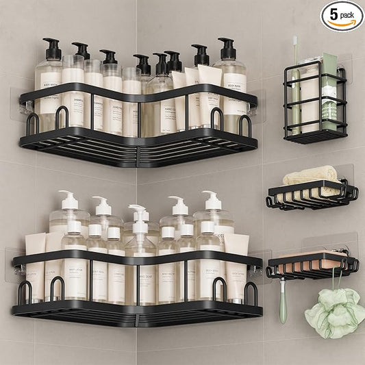Veken Large Capacity Corner Shower Caddy 5-Pack, Advanced Rustproof Design | No Drilling Adhesive Shelves, Rack with Soap Holder & Hooks, Thickened Metal Frame, Bathroom Organizers and Storage, Black