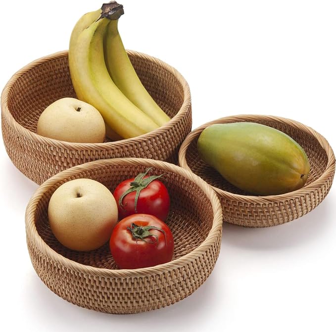Rattan Bread Basket, Hand Woven Fruit Basket, Wicker Serving Basket Bowl, Decorative Baskets for Kitchen Counter Organizing, Set of 3 (Round)