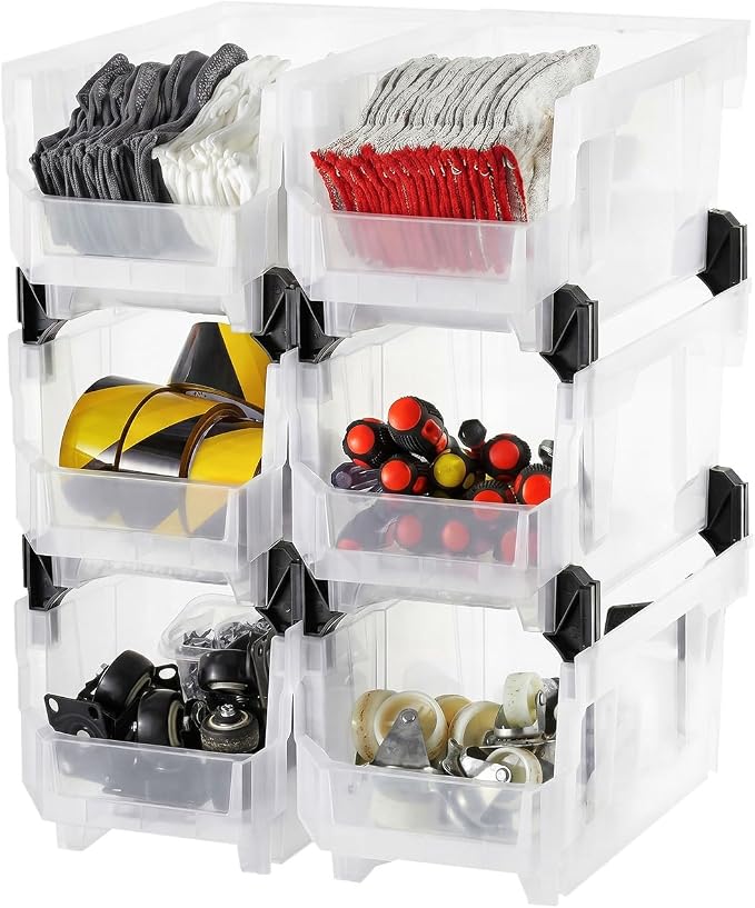 VEVOR Plastic Stackable Storage Bins, 14.8 x 8.5 x 7.1 inch (6 Pack), Plastic Containers for Organizing & Storage Bins for Closet, Garage, Small Parts, Office Supplies, Other Accessories, Transparent