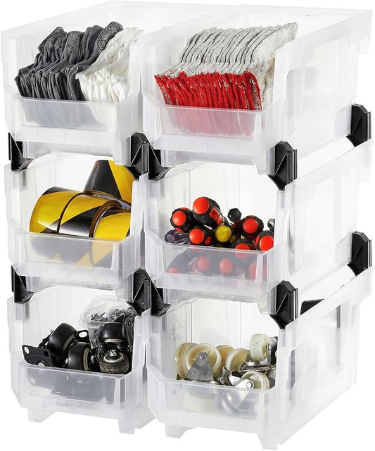 VEVOR Plastic Stackable Storage Bins, 14.8 x 8.5 x 7.1 inch (6 Pack), Plastic Containers for Organizing & Storage Bins for Closet, Garage, Small Parts, Office Supplies, Other Accessories, Transparent