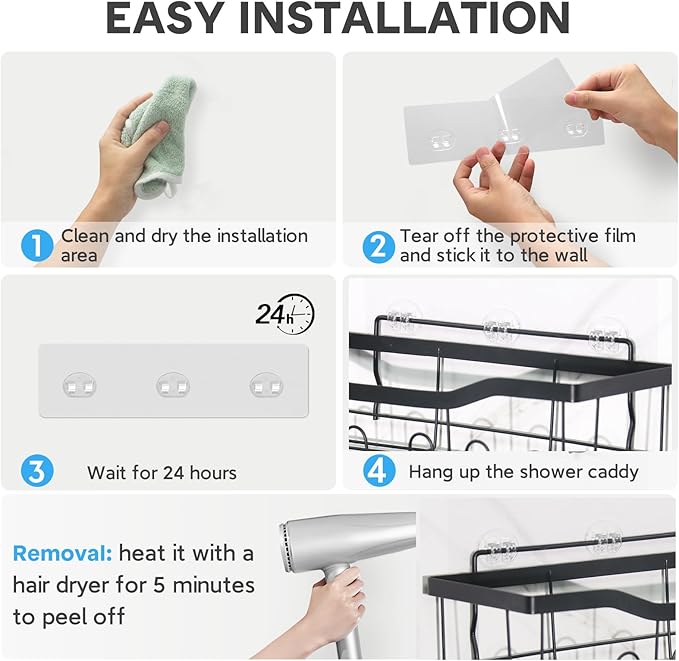 3 Pack Shower Caddy Adhesive Replacement, Strong Adhesive Hooks for Shower Caddy, Waterproof Adhesive Strips, No Drilling, for Bathroom Storage Shelves and Kitchen Racks