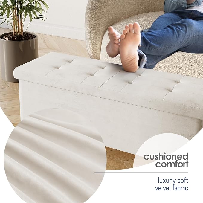 Storage Ottoman Bench with Bins, 43-in Storage Bench for Bedroom End of Bed, Folding Foot Rest Ottoman for Living Room Max 660lbs, Velvet Ottomans, Cream