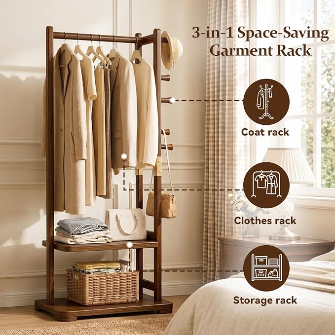 Taitiy Coat Rack Solid Wood Hall Tree Storage 2 Shelves 5 Hooks | Hallway bedroom living room, durable wood construction, freestanding organizer design, coats hats wallets garments